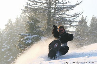 iNSANE SNOWSCOOT RIDER FRANCK PETOUD WHEELING THE POWDER OF LES PACCOTS